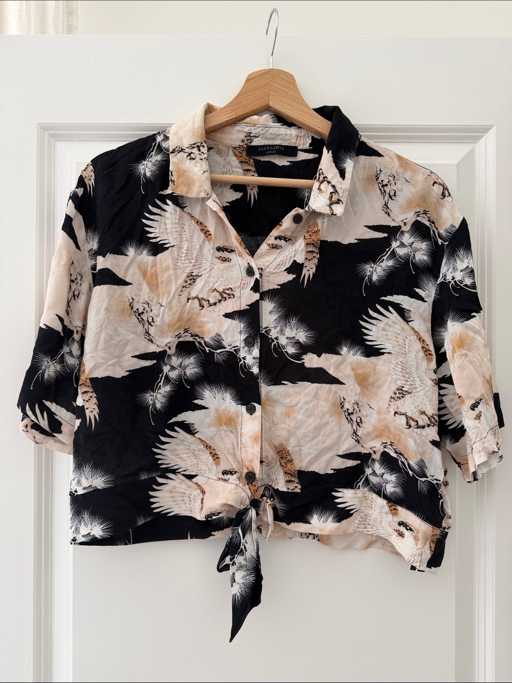 All Saints Black and Cream Crane Tie-Front Button-Up Shirt